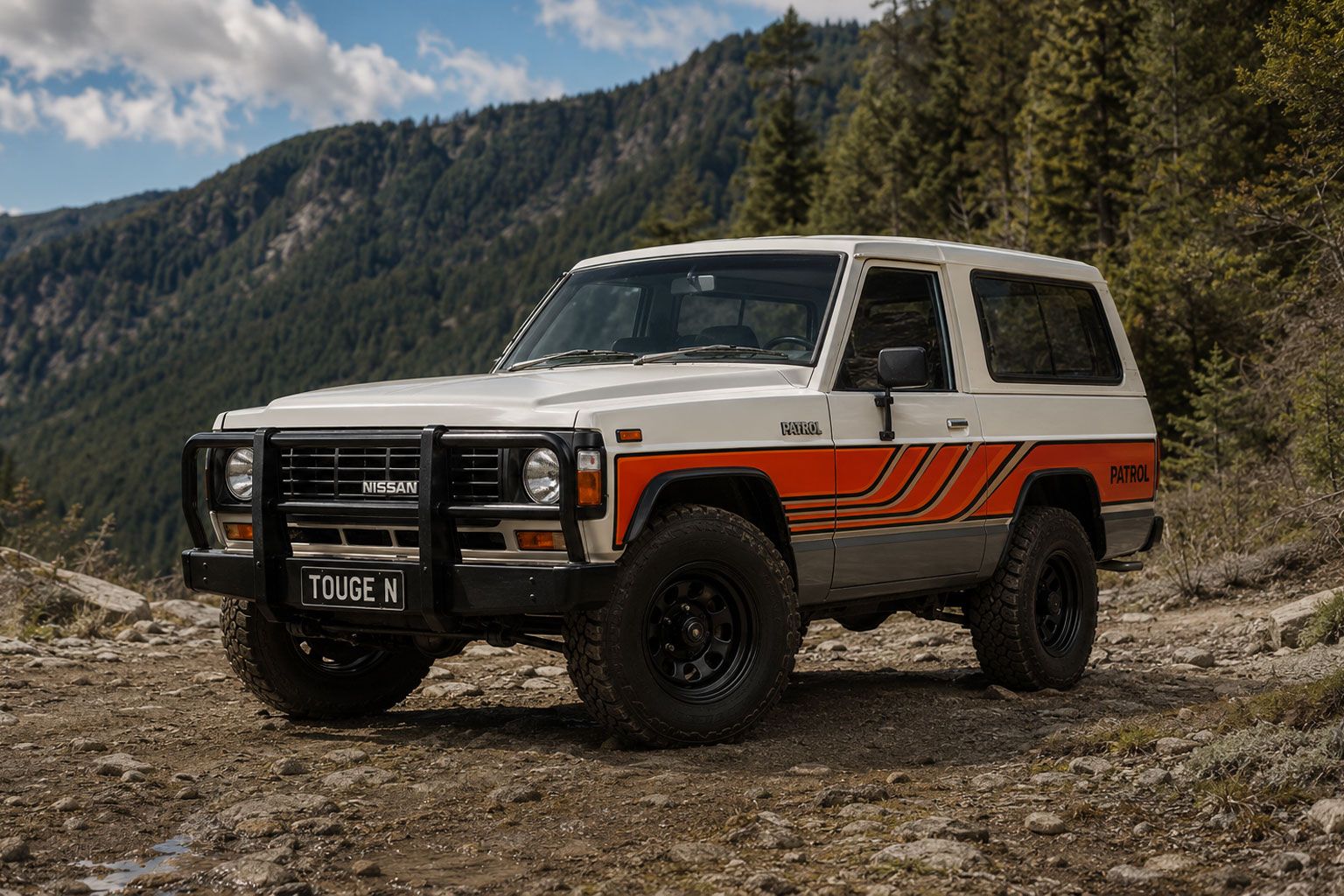 Nissan Patrol Gen 3 (MQ series) on a dirt track, upright, utilitarian, a working vehicle with no pretension to being anything else
