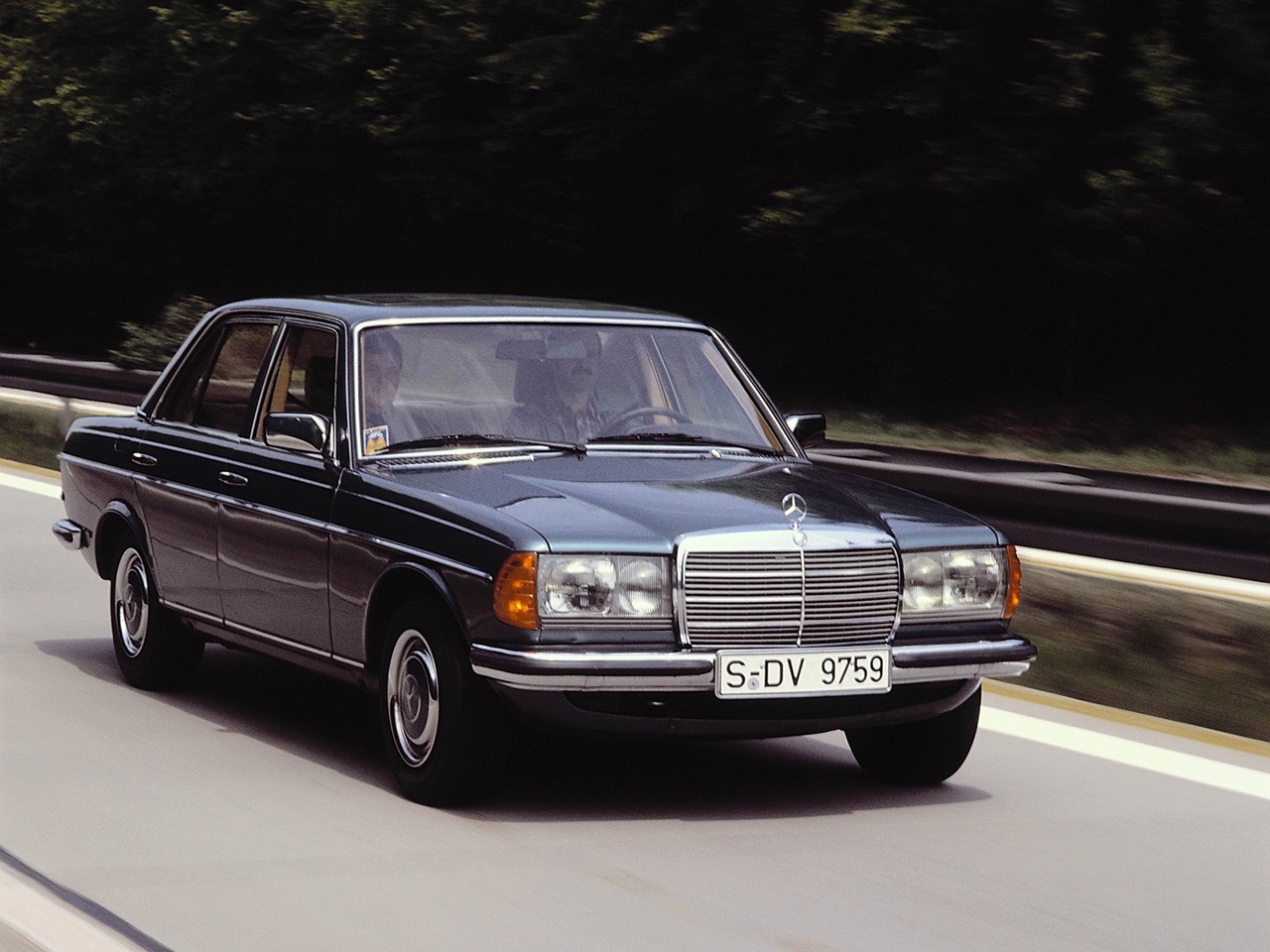 Mercedes-Benz W123 sedan in three-quarter view, upright, formal, built to outlast almost everything around it